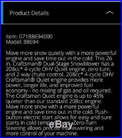 Craftsman Snowblower / Snow Thrower 26 LIKE NEW! Model 247.886940
