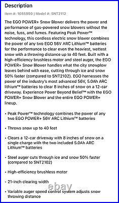 EGO POWER+ Peak Power 56-volt 21-in Single-stage Cordless Electric Snow Blower