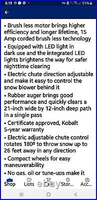 Kobalt 15-Amp 21-in Corded Electric Snow Blower Model 1314197. Open Box