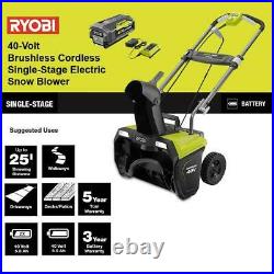 RYOBI 20 in. 40-V Single-Stage Brushless Cordless Electric Snow Blower