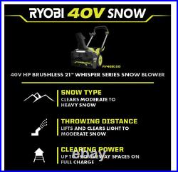 RYOBI 40V HP Brushless Whisper 21 in. Cordless Single-Stage Snow Blower RY408010